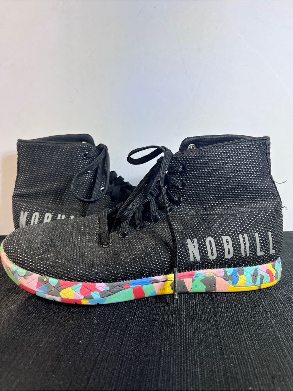 NOBULL High-Top Sneakers in Black with Multicolor Mosaic Sole M8.5 W10